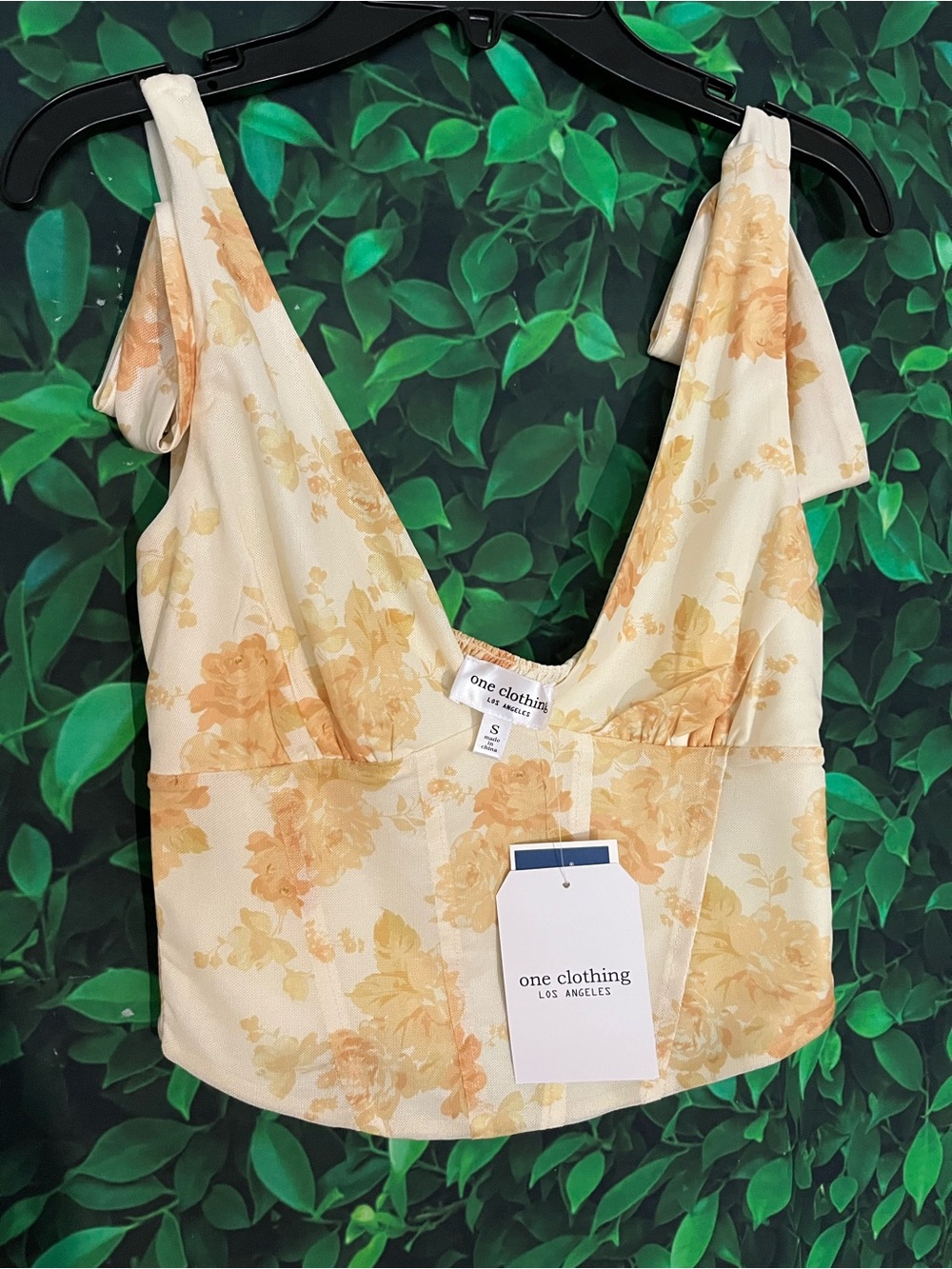 one clothing Cream and Peach Floral Tie-Shoulder Crop Top